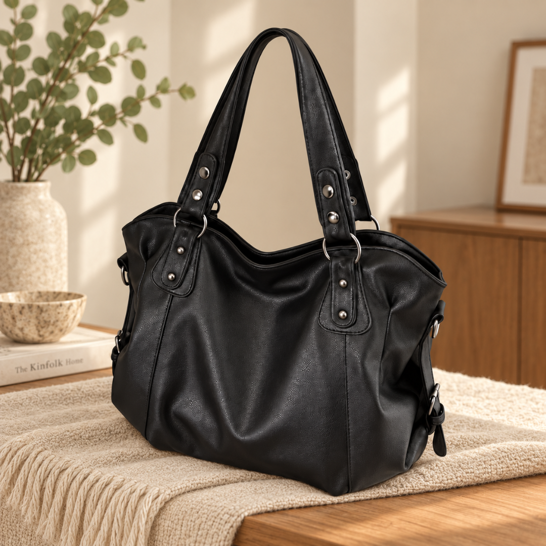Sac à main noir effet cuir avec anneaux métalliques et bandoulière latérale