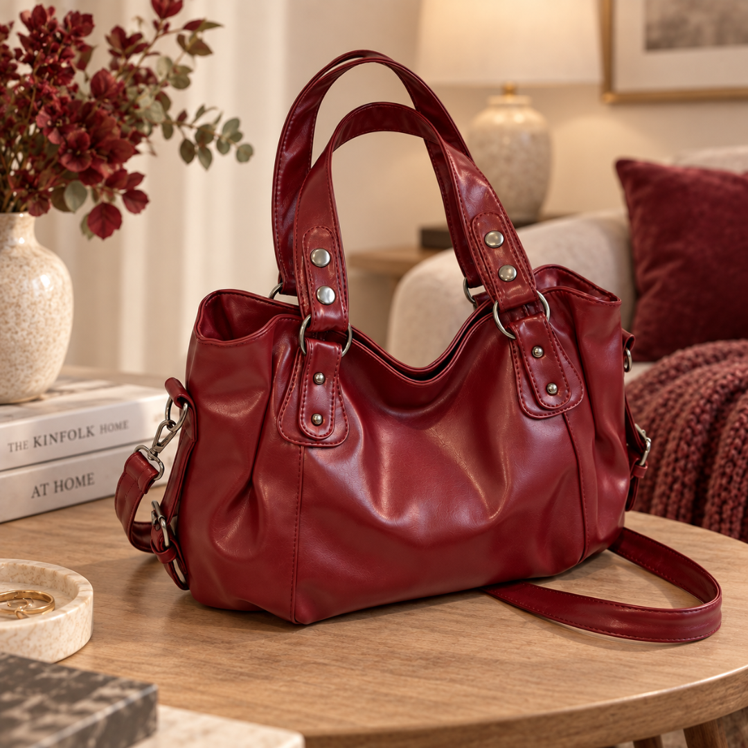 Sac à main femme rouge à double anse et bandoulière, posé sur une table en bois