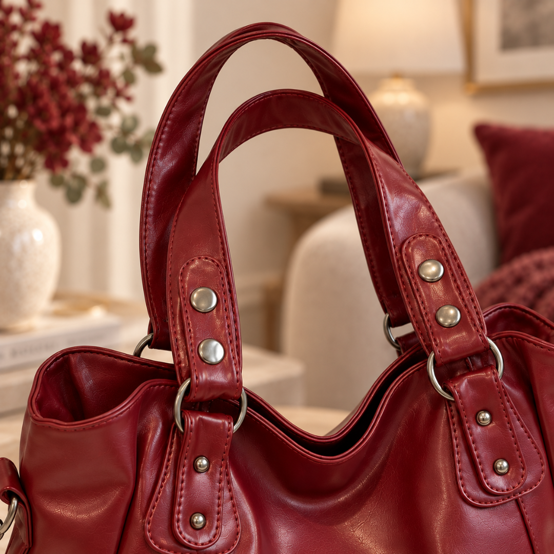 Détail des anses du sac femme rouge avec rivets et anneaux métalliques argentés