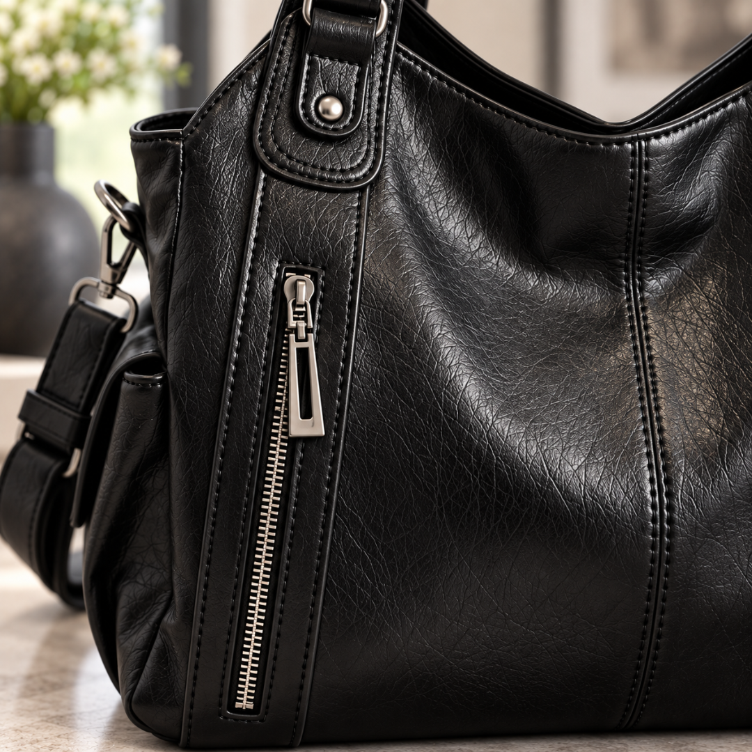 Zoom sur le zip décoratif argenté du sac femme noir à aspect grainé