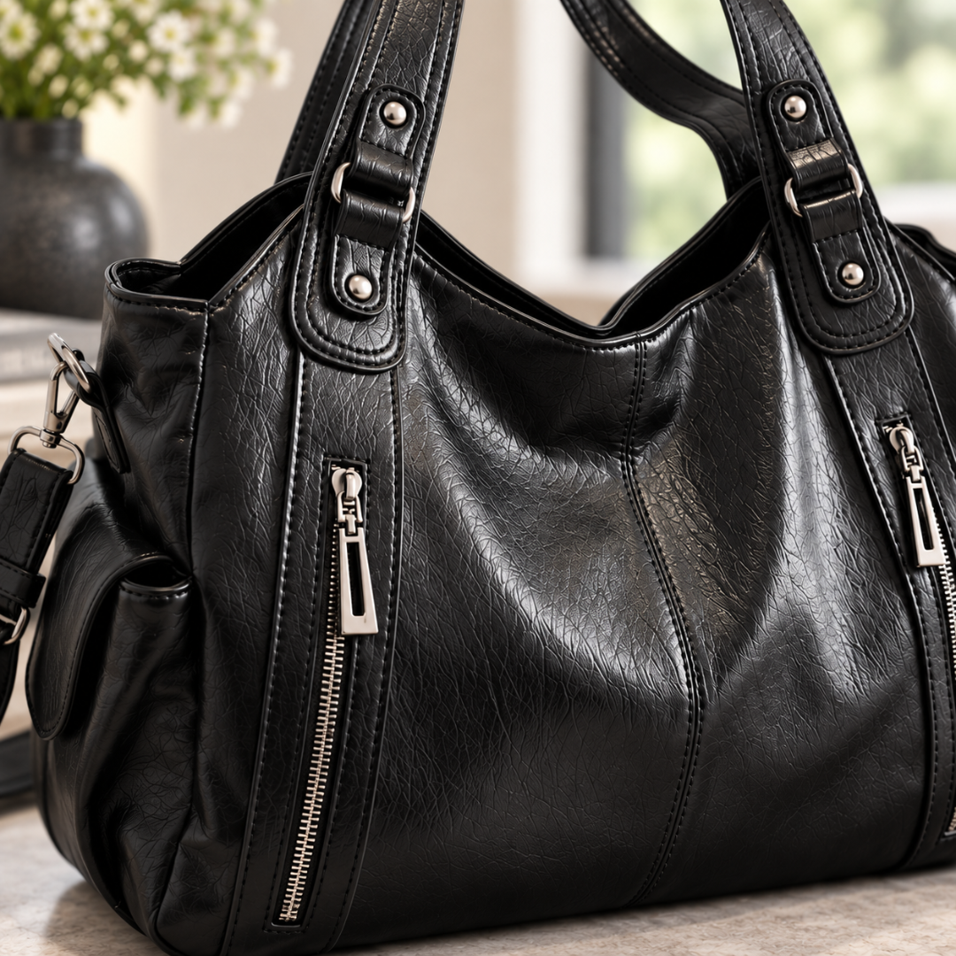 Sac femme noir vu de trois quarts avec ses deux zips frontaux