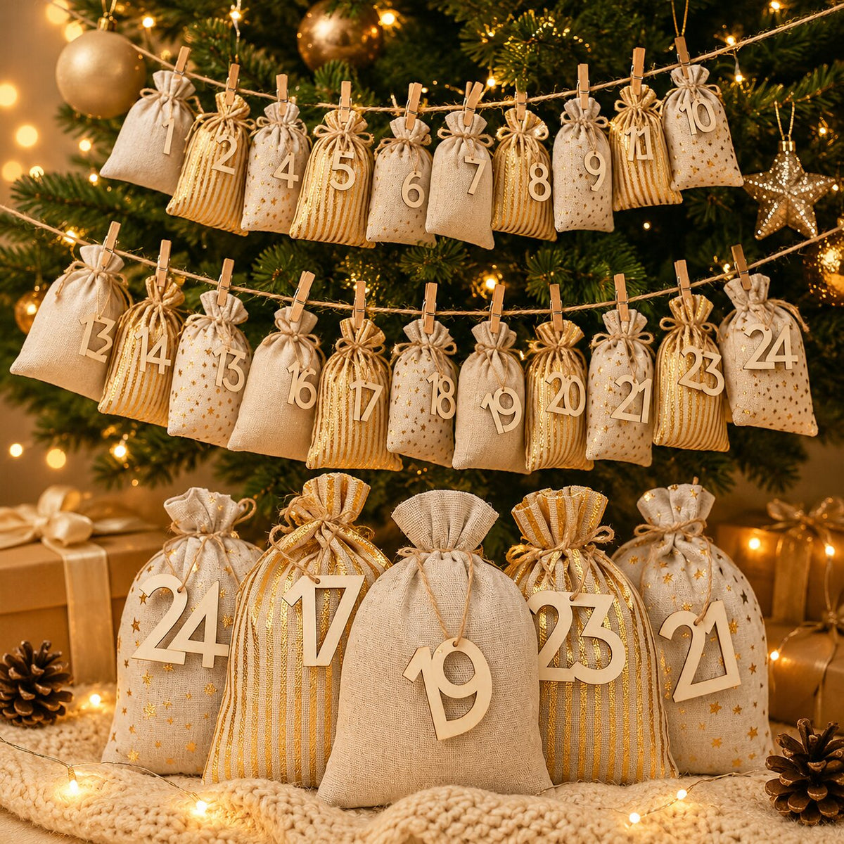 Sachets de calendrier de l'Avent numérotés suspendus à une corde devant un sapin