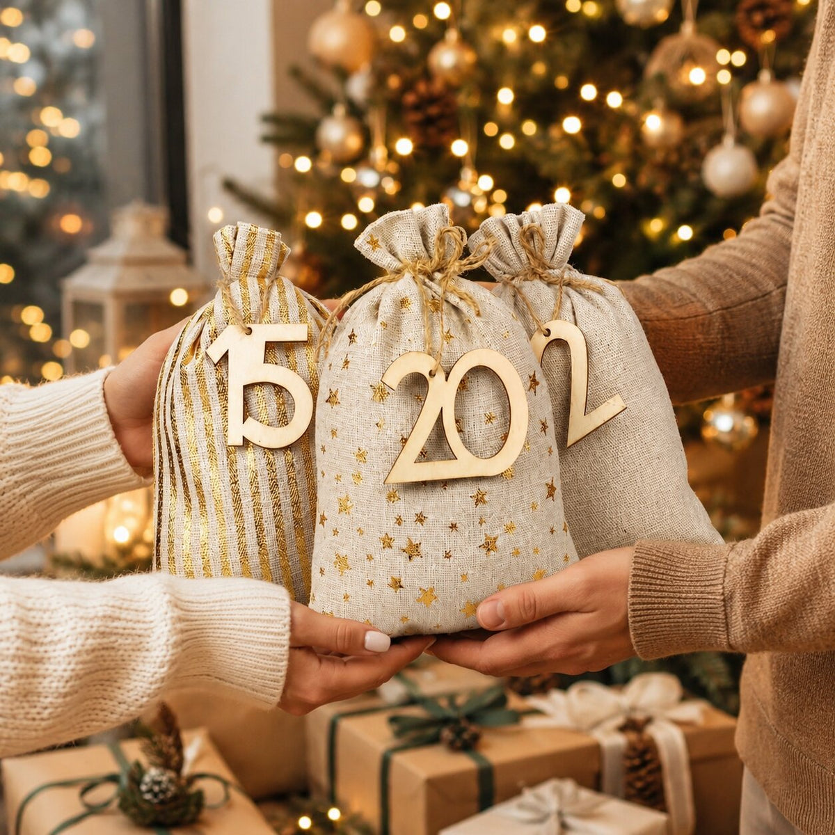 Deux mains tenant trois sachets de l'Avent remplis devant un sapin illuminé