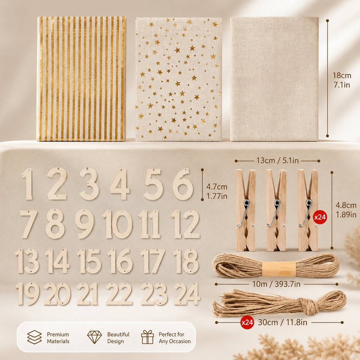 Contenu du set : trois motifs de sachets, numéros en bois, pinces et corde