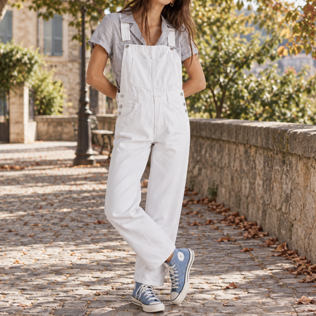 Salopette femme blanche avec poche poitrine et boutons métalliques sur les côtés