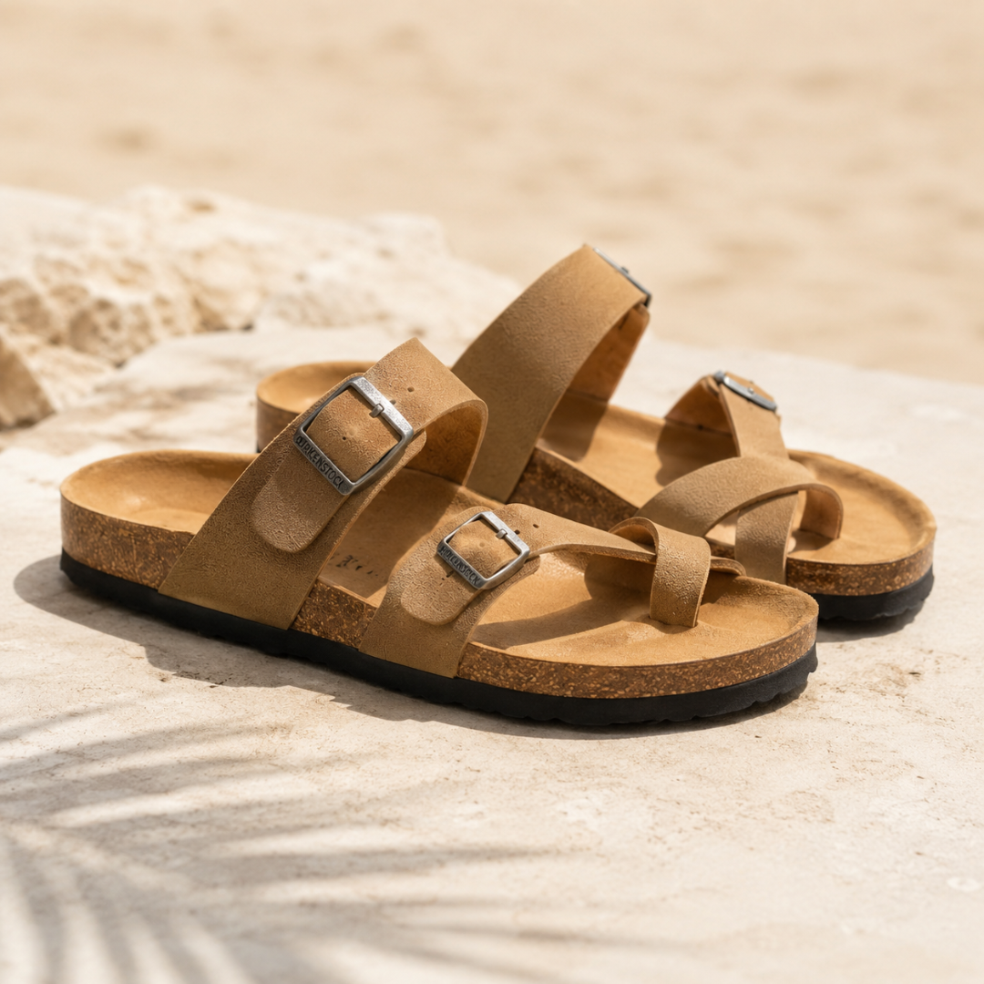 Sandales plates camel à deux brides et lanière entre-doigt posées sur le sable