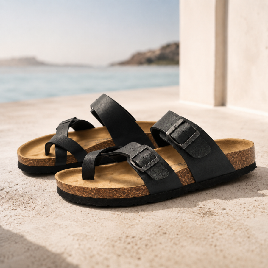 Sandales femme plates noires à deux brides et boucles, semelle effet liège au bord de mer