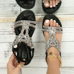 Sandales plates Odile noires avec strass et cristaux, vue du dessus
