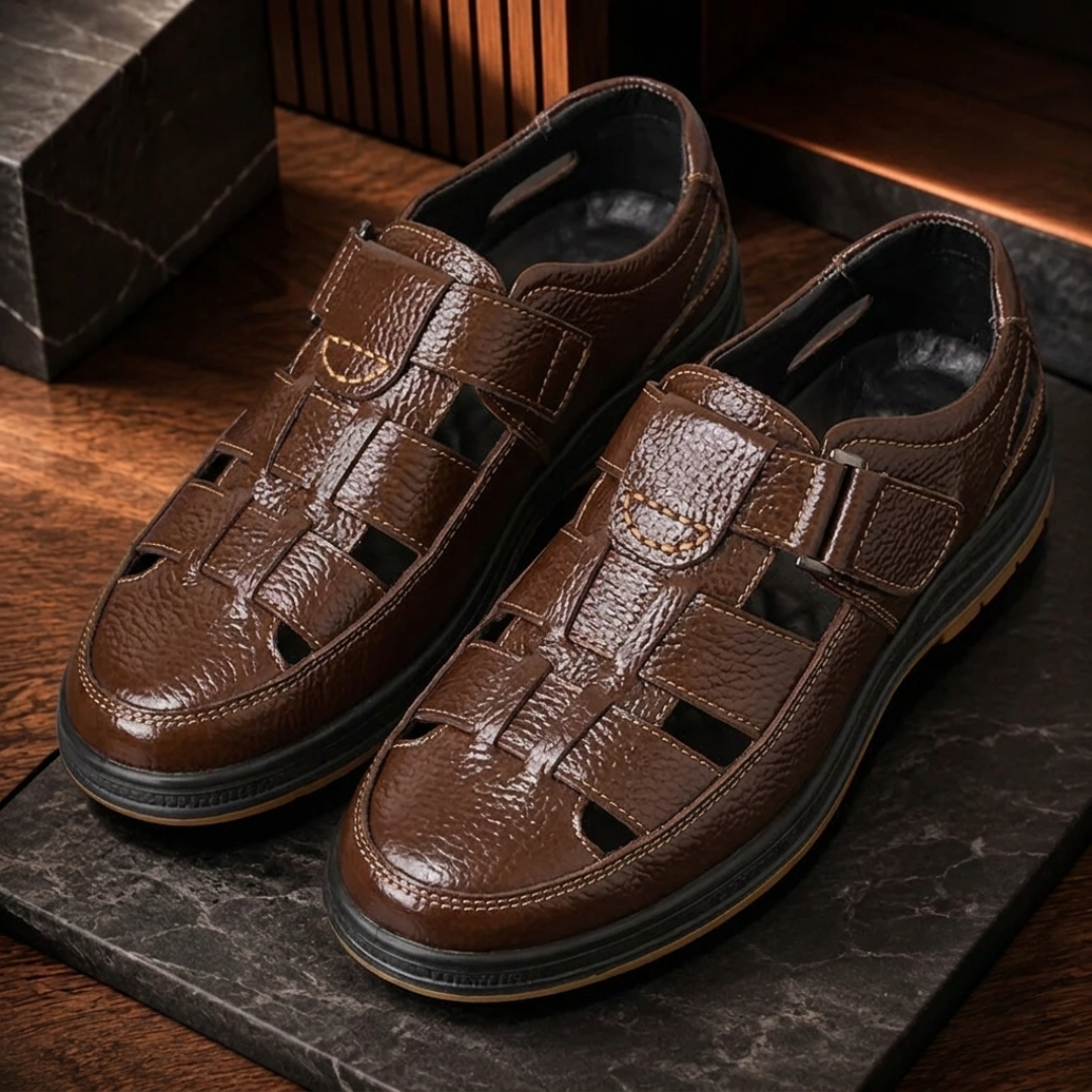Sandale homme marron portée vue rapprochée détail boucle