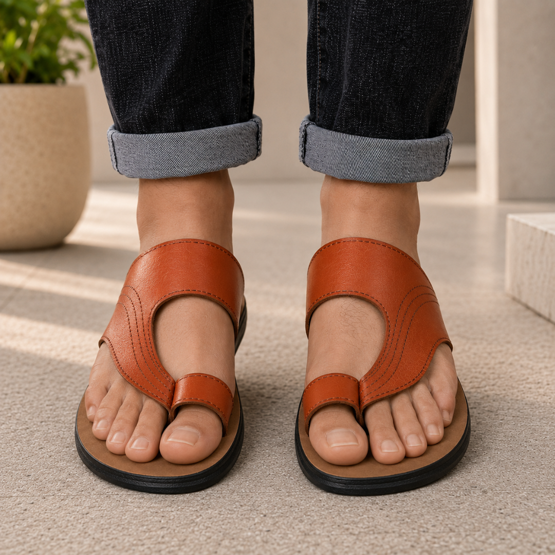 Sandales homme marron façon cuir vues de côté avec sangle réglable