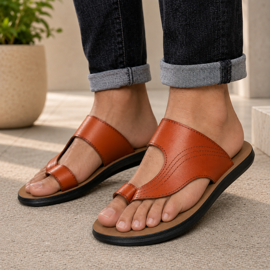 Paire de sandales homme marron à bride d'orteil vue de dessus