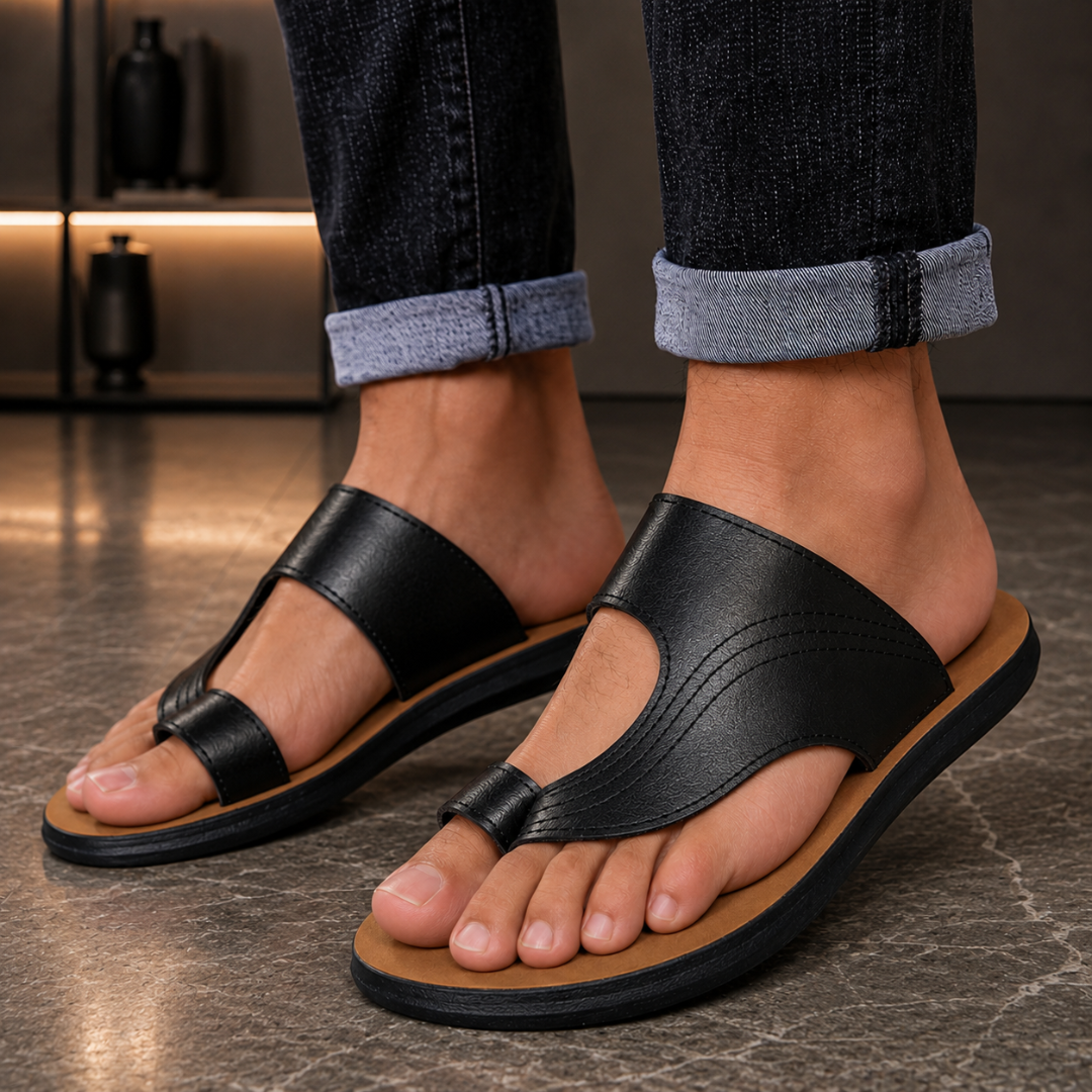 Sandales homme noires façon cuir de profil avec sangle latérale réglable