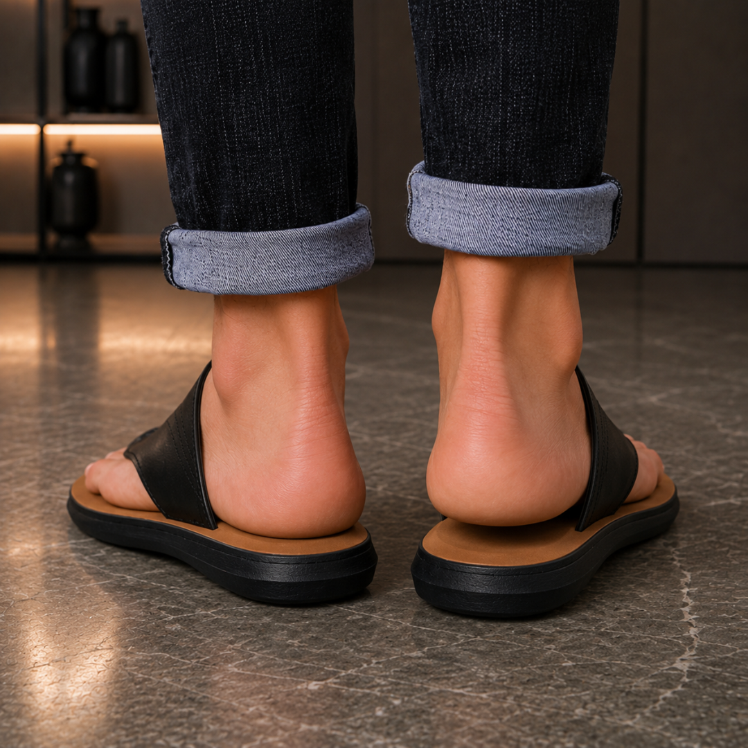 Sandales homme noires vues de face, brides croisées sur le pied