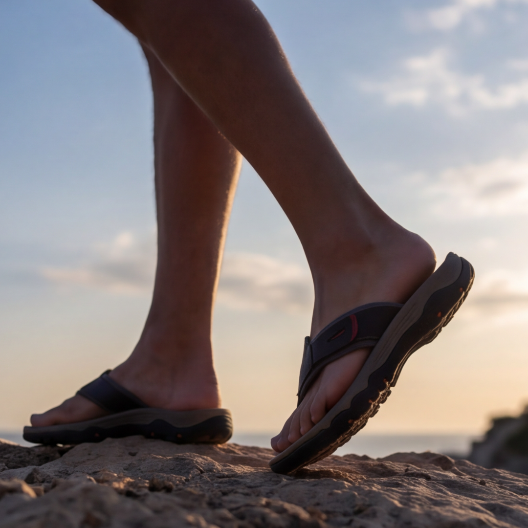 Sandales homme noires, vue de dos en extérieur sur sol naturel