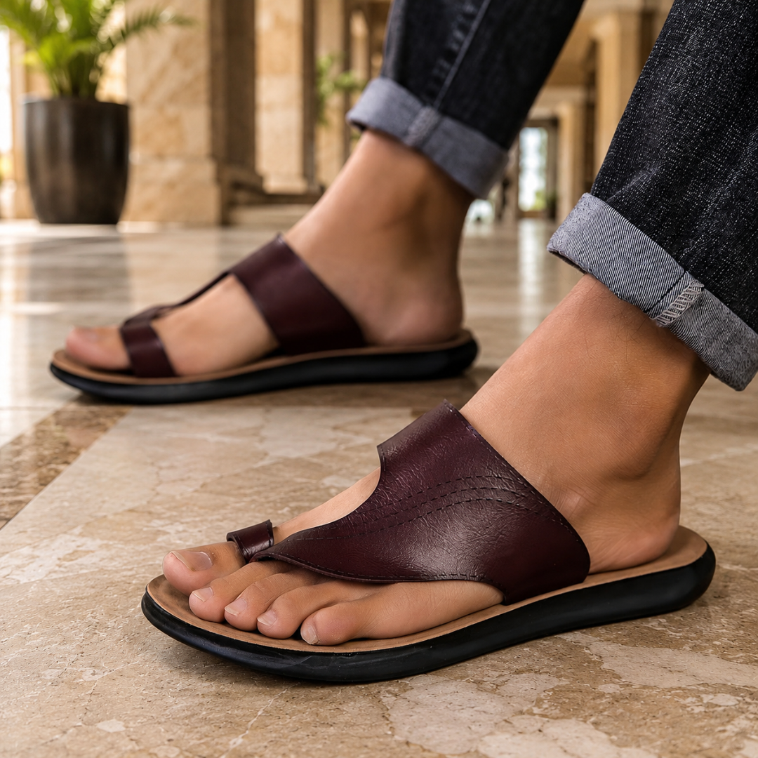 Sandale homme bordeaux avec bride orteil et sangle cheville, semelle noire