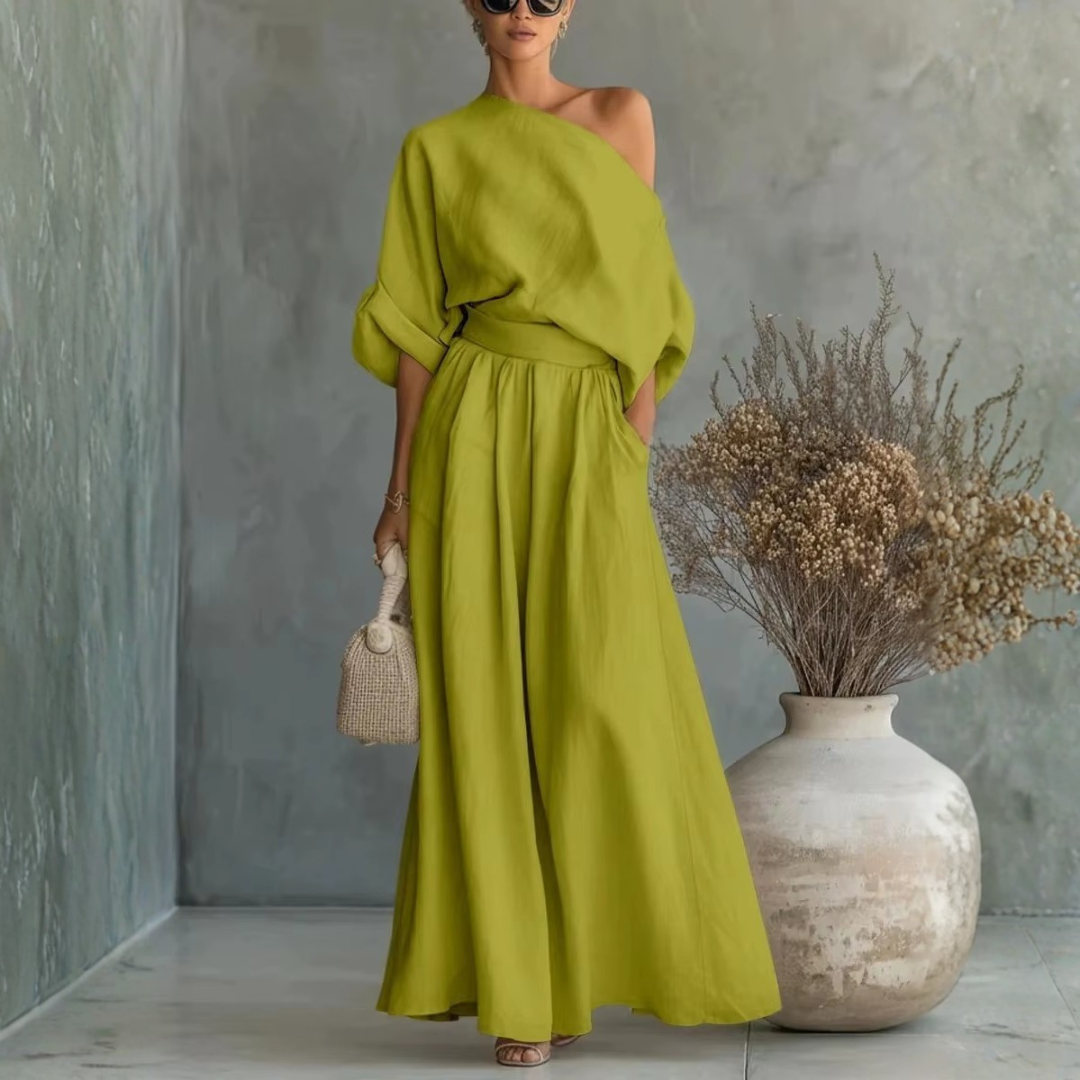 Set deux pièces vert clair épaule dénudée et pantalon large fluide