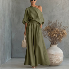 Ensemble vert foncé haut asymétrique et pantalon large fluide
