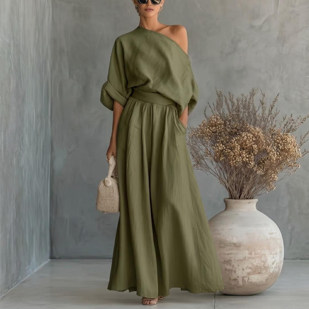 Ensemble vert foncé haut asymétrique et pantalon large fluide
