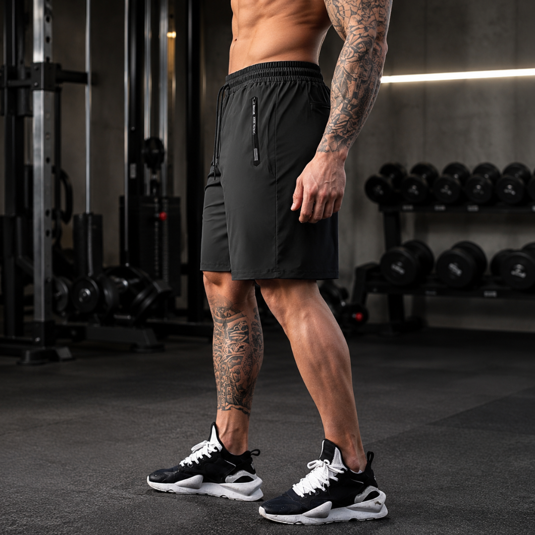 Short de sport noir homme, vue latérale droite montrant la poche zippée
