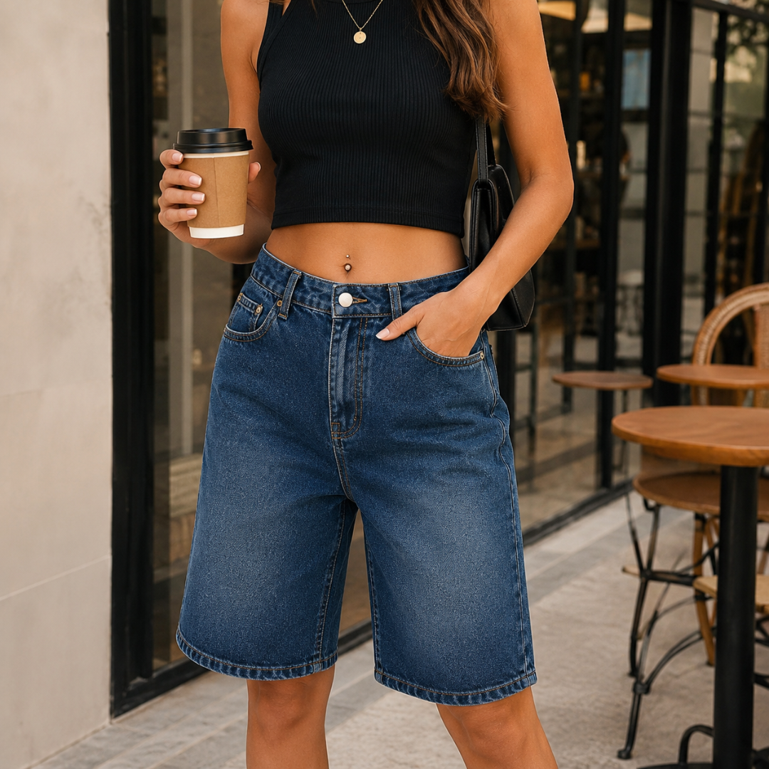Short femme bermuda bleu porté avec un crop top noir en ville