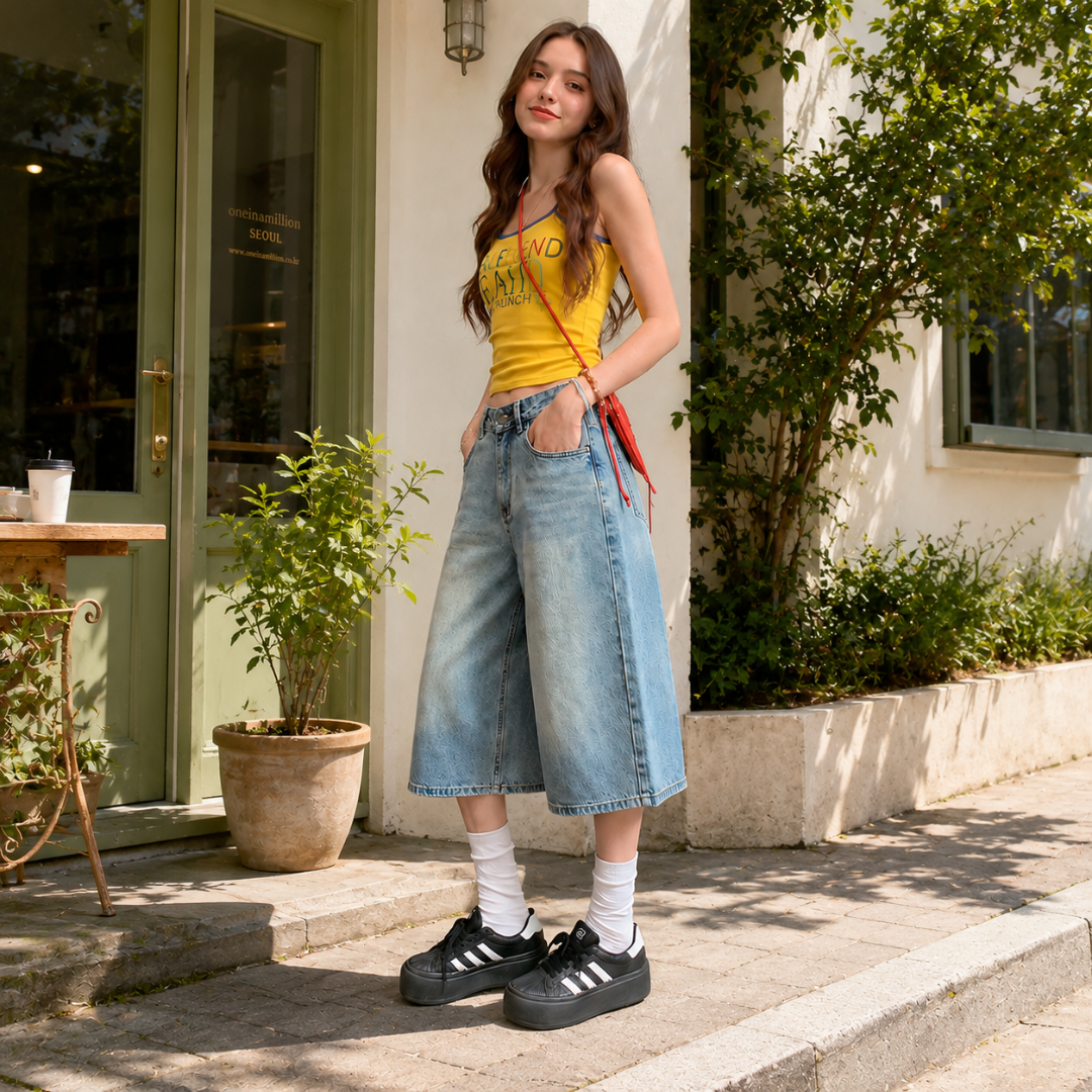 Short femme large bleu clair porté avec un top jaune et baskets plateforme