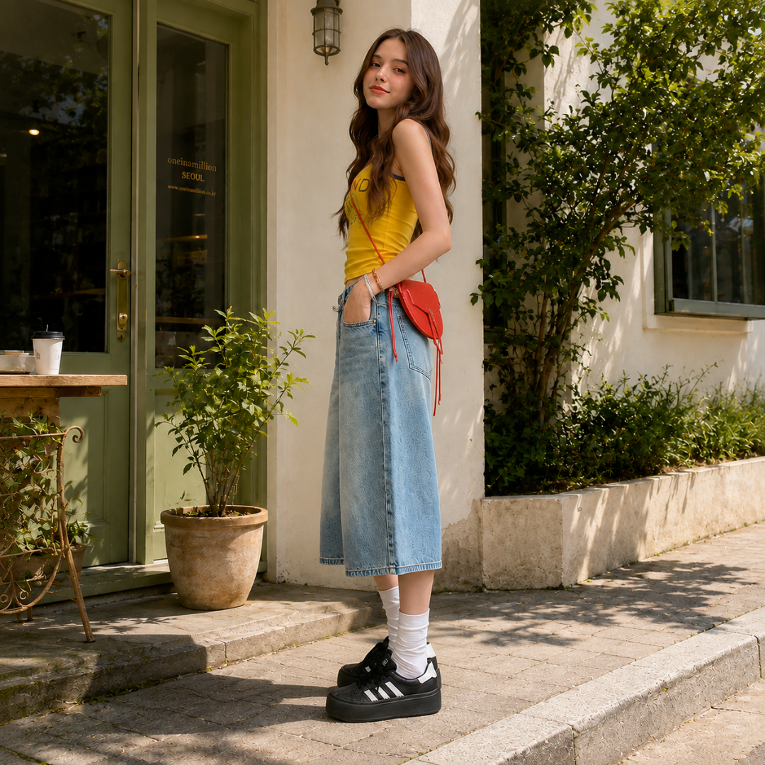 Vue de profil du short large bleu clair, longueur genou et taille haute