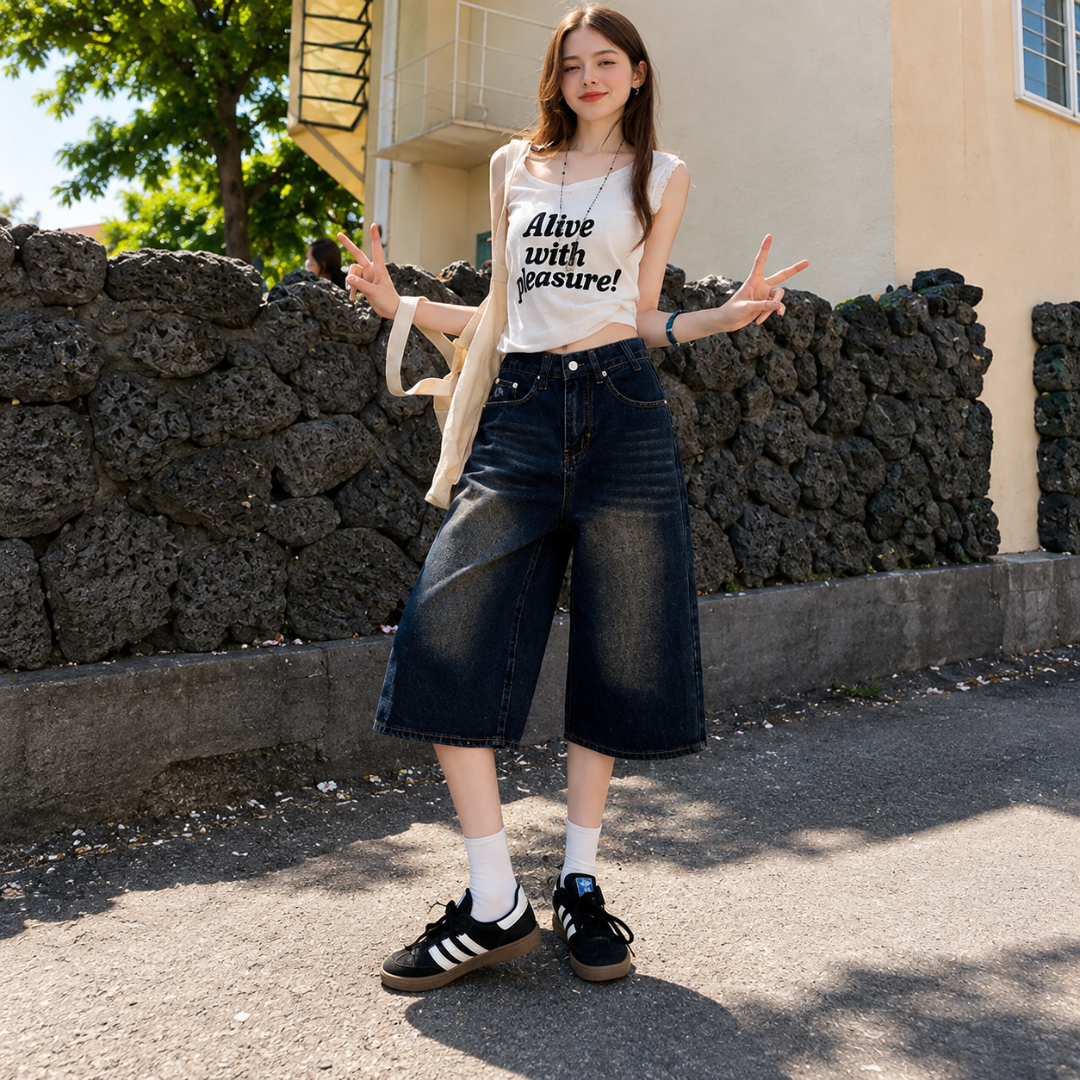 Short femme bleu foncé à jambes très amples, délavé contrasté et cinq poches