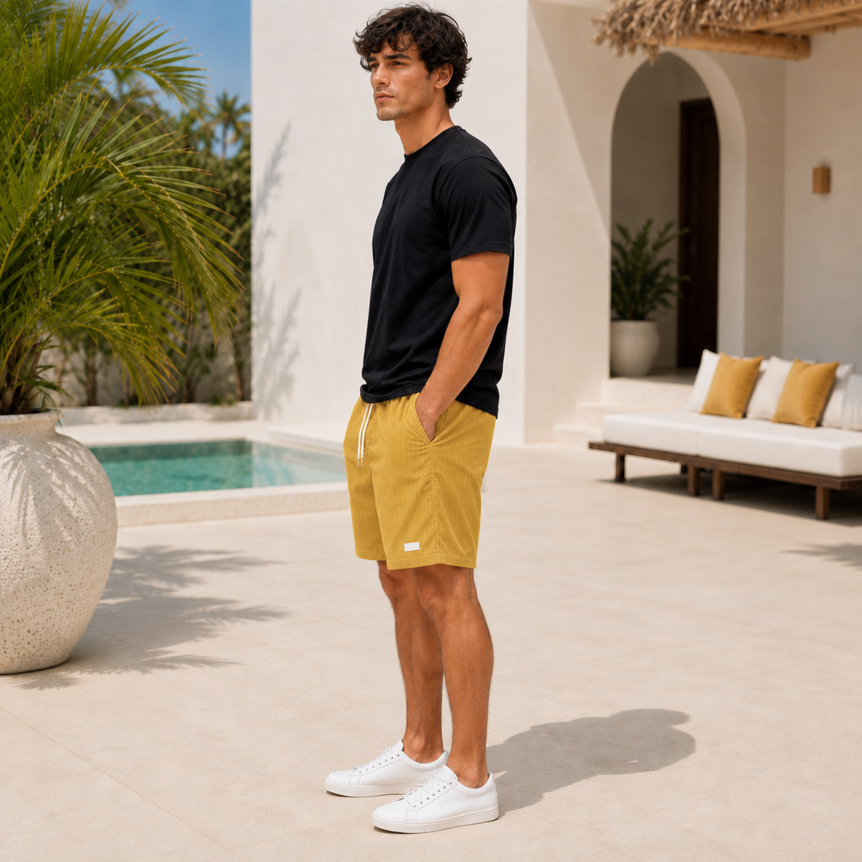 Short homme jaune décontracté, détail taille élastique