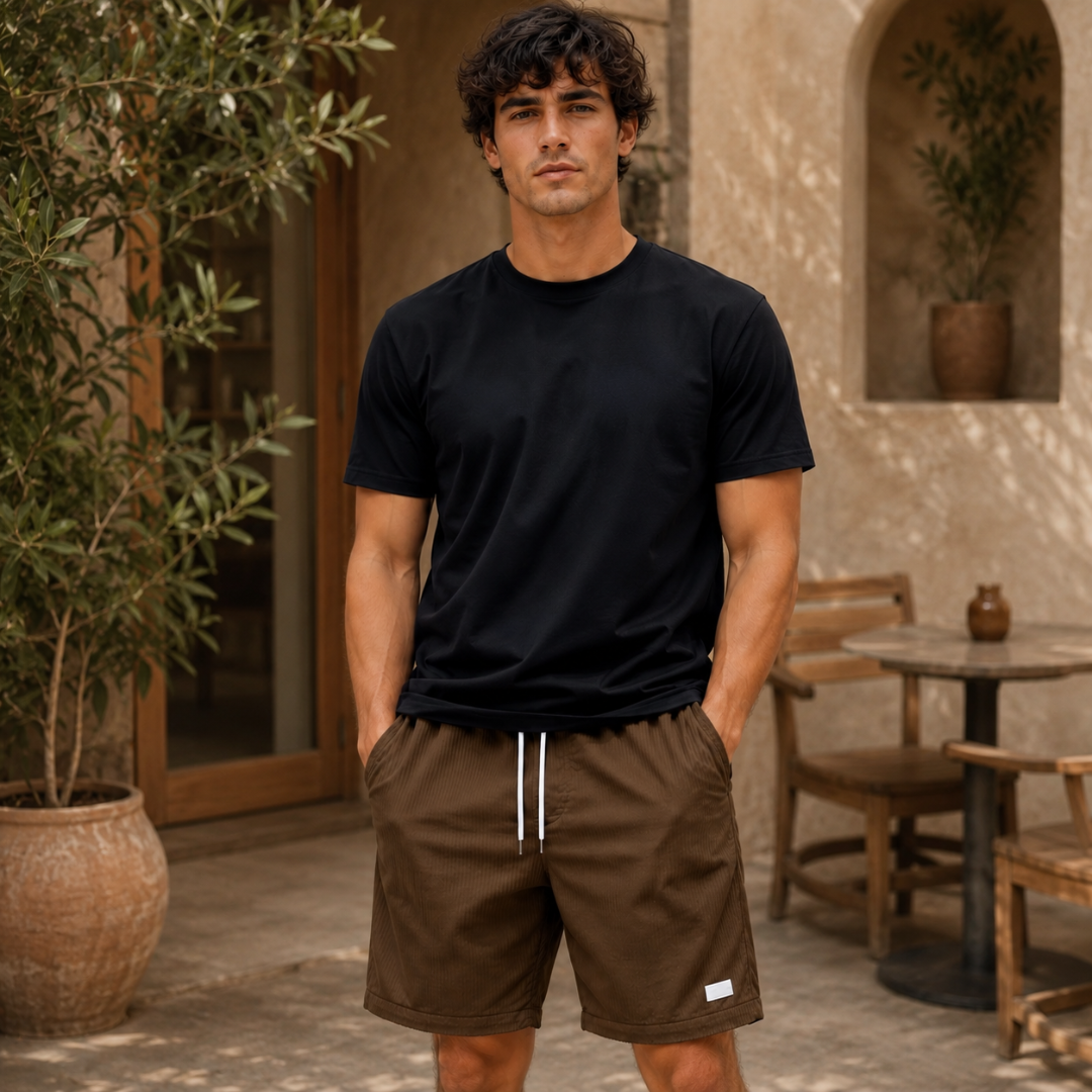 Short homme marron casual, taille élastique avec cordon