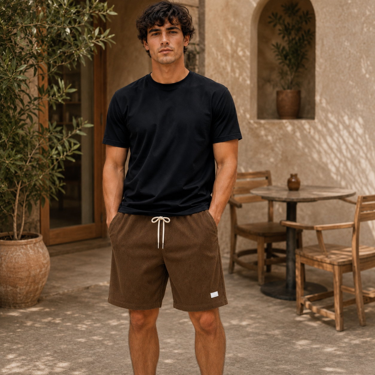 Short homme marron casual, taille élastique avec cordon