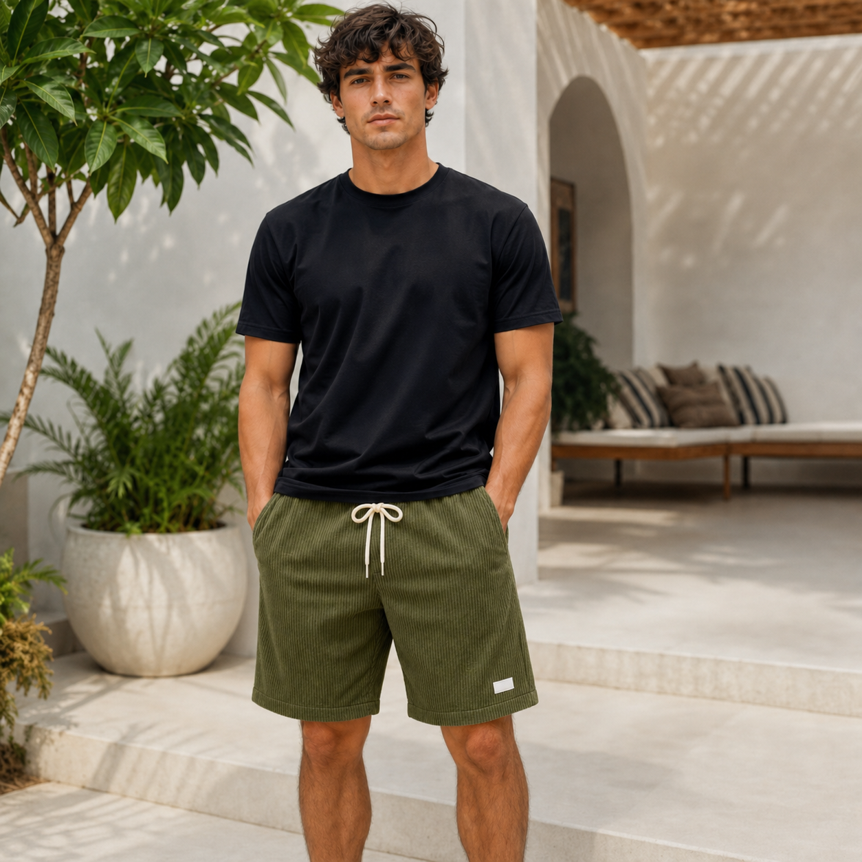 Short homme vert armée avec cordon blanc, coupe regular