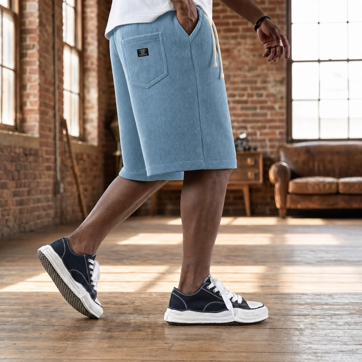 Short homme côtelé bleu ciel, détail coupe et tissu