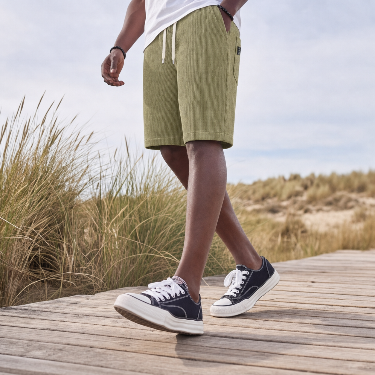 Short côtelé homme vert clair, détail de la jambe et de la chaussure