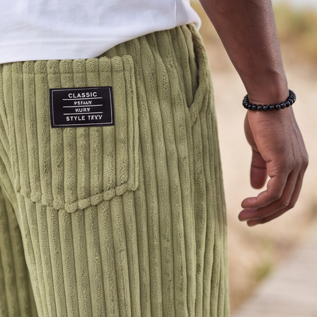 Short homme vert clair texturé, badge patch visible sur la poche avant