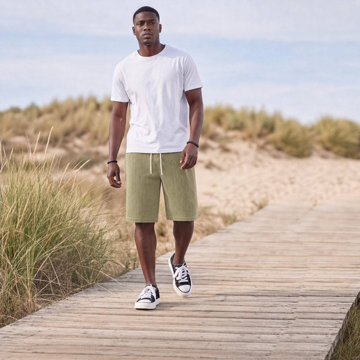 Short homme côtelé vert clair, vue d'ensemble en lumière naturelle extérieure