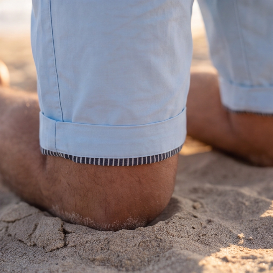 Gros plan sur le revers rayé en bas de jambe du short bleu clair