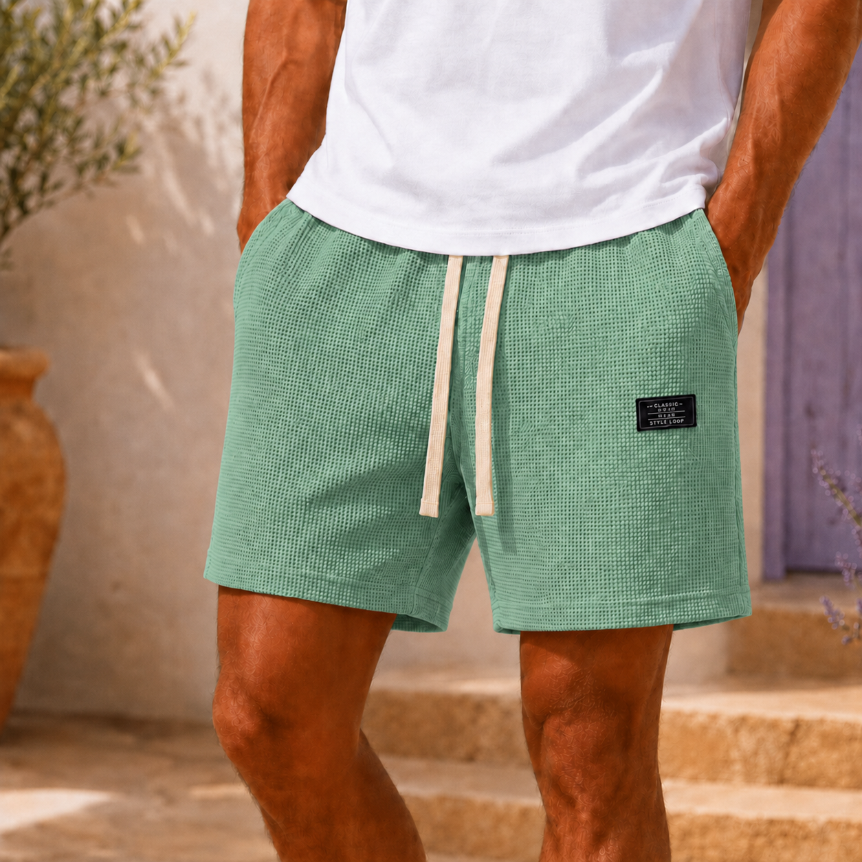 Short homme gaufré vert clair avec cordon écru et petite étiquette latérale