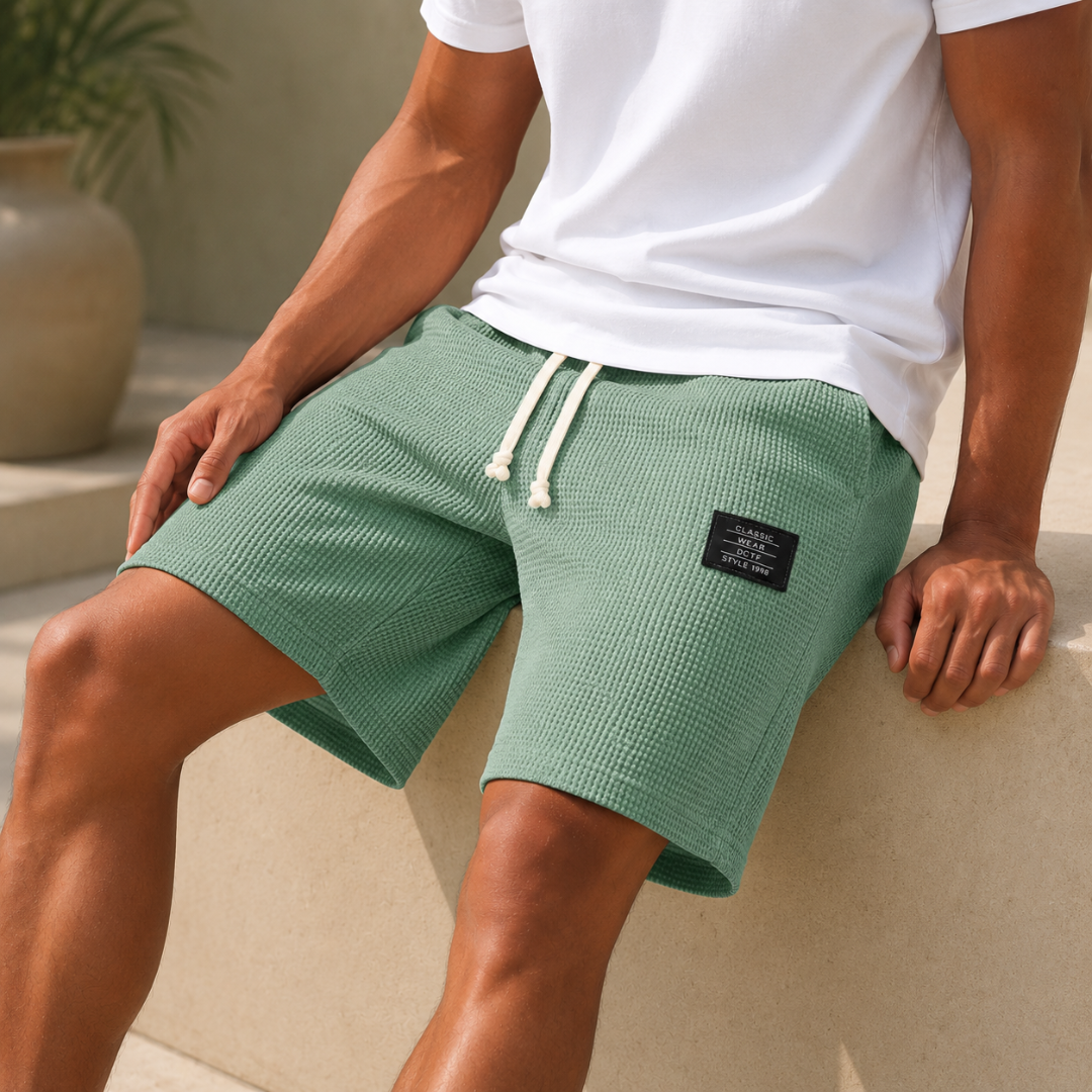 Short homme gaufré vert clair détail taille élastiquée et cordon