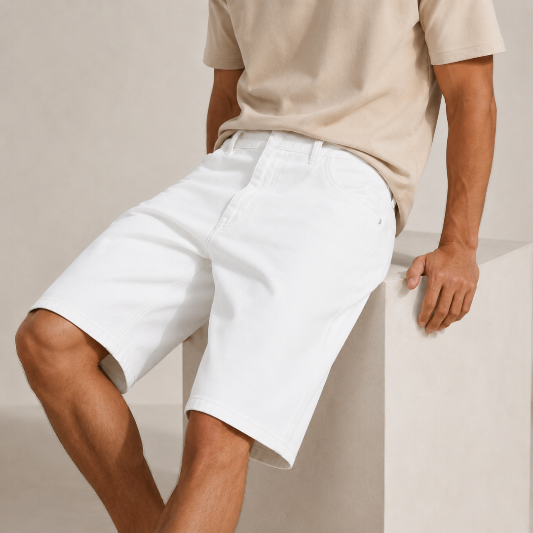 Short homme blanc porté assis, détail des surpiqûres et de la poche avant