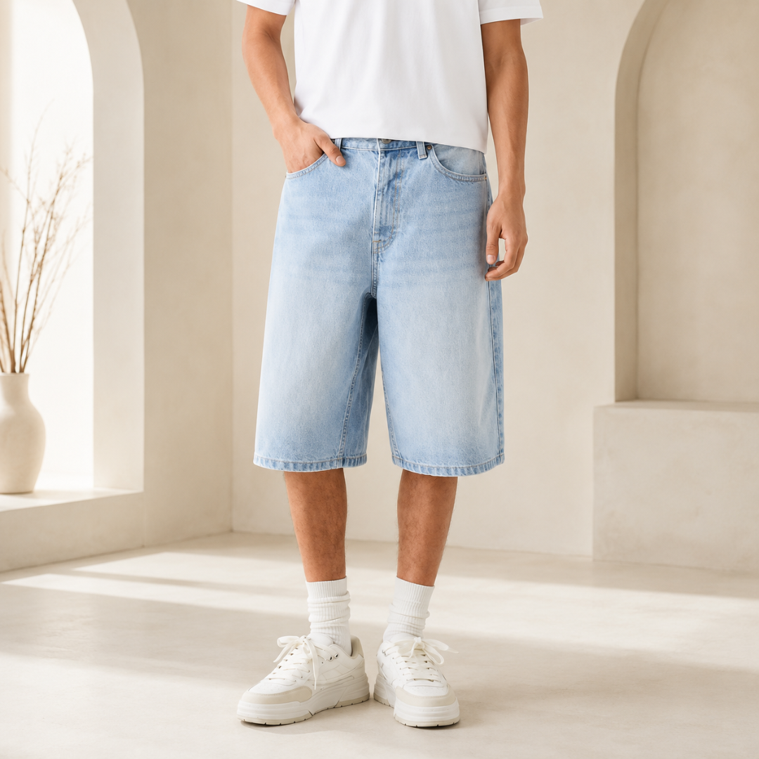 Short homme bleu clair délavé, coupe baggy et fermeture boutonnée visible