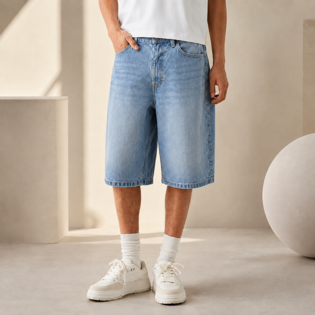 Short homme bleu foncé délavé, jambes très amples et poches avant italiennes
