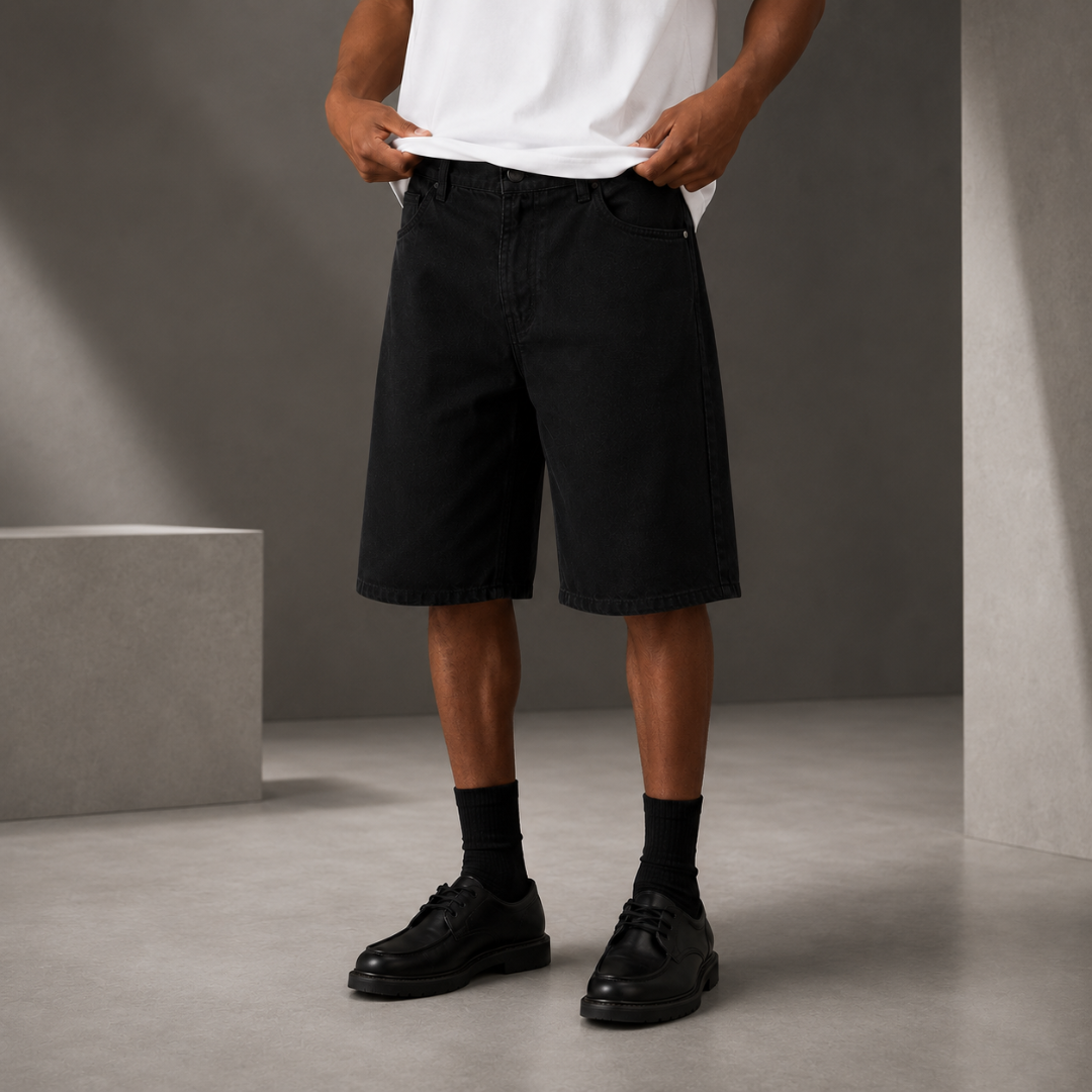Short homme noir baggy porté de face, longueur genou avec chaussures noires