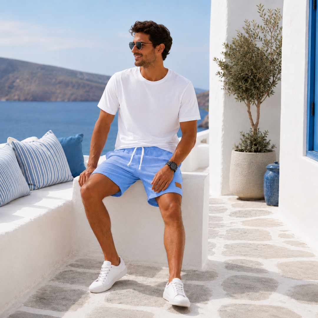 Short homme bleu clair assis étiquette cuir cordon crème terrasse ensoleillée
