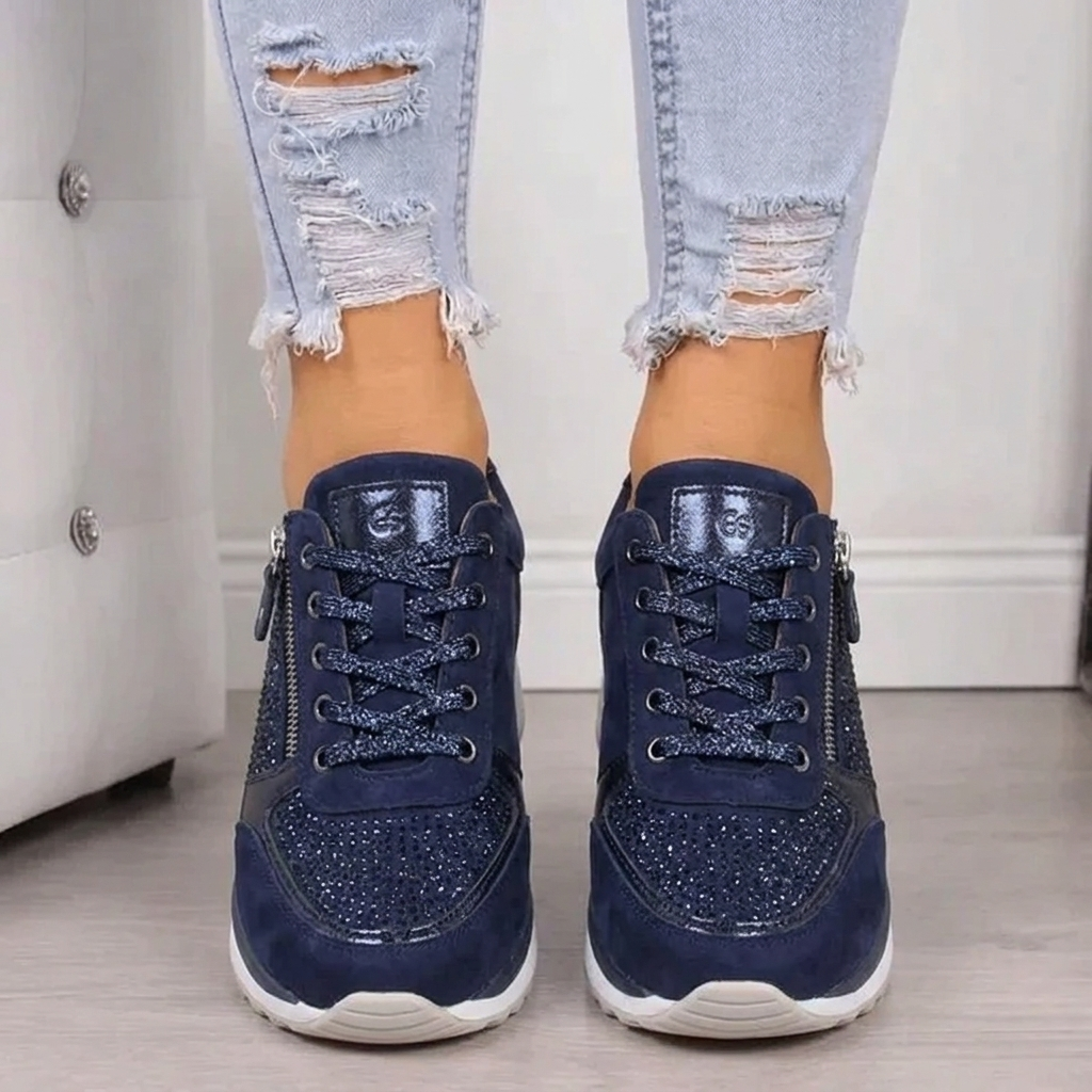 Sneakers femme compensées bleu jean avec zip latérale argentée, vue de face