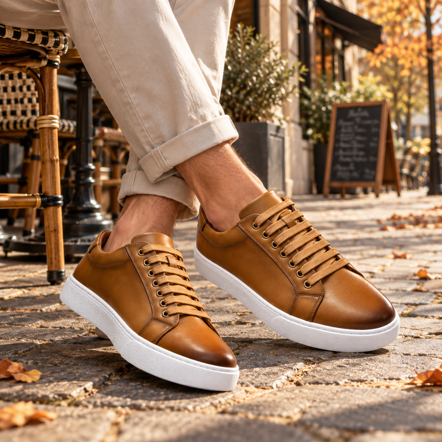 Sneakers homme caramel à lacets plats et semelle blanche portées en ville