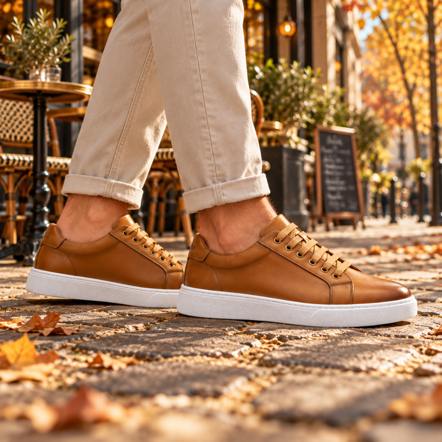 Baskets basses caramel de profil, bout rond effilé et semelle blanche