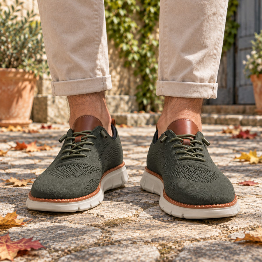 Sneakers homme vertes ajourées portées de face avec semelle blanche à crans