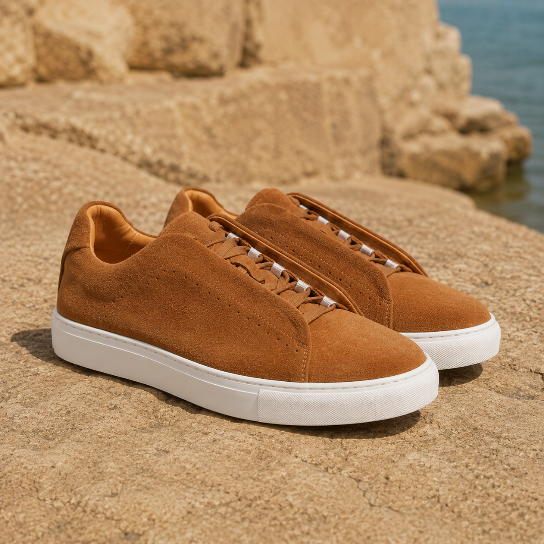 Paire de sneakers homme marron clair à lacets plats et semelle blanche