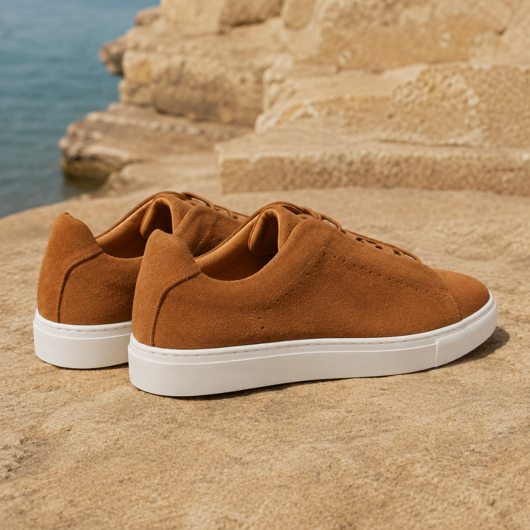 Sneakers homme marron clair vues de dos, talon uni et semelle blanche