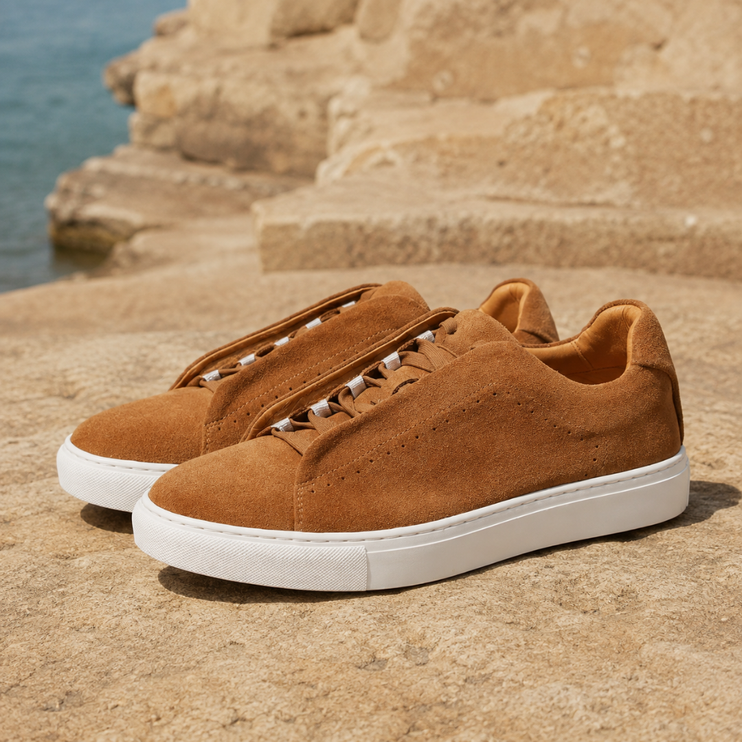 Sneakers basses marron clair avec fines perforations latérales et bout arrondi